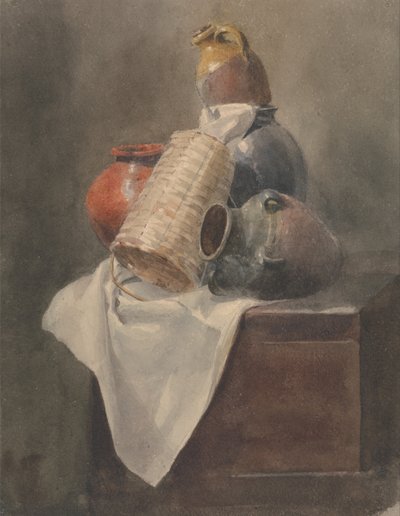 Nature morte : pots, panier et tissu sur un coffre - Peter de Wint